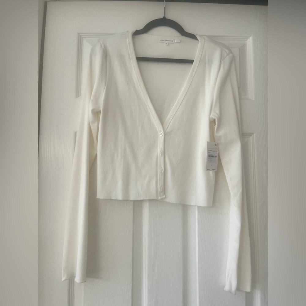 Good American Cloud White Knit V-Neck Cardigan NWT